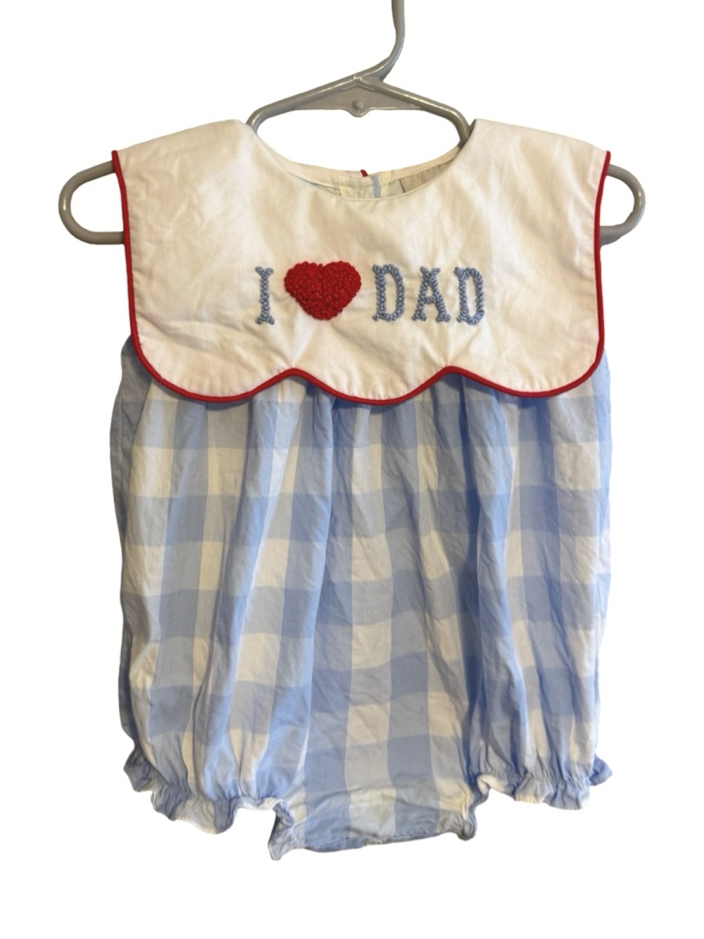 Bambeeni I Love Dad Bubble Romper Blue Buffalo Check French Knot Collar Size 9M